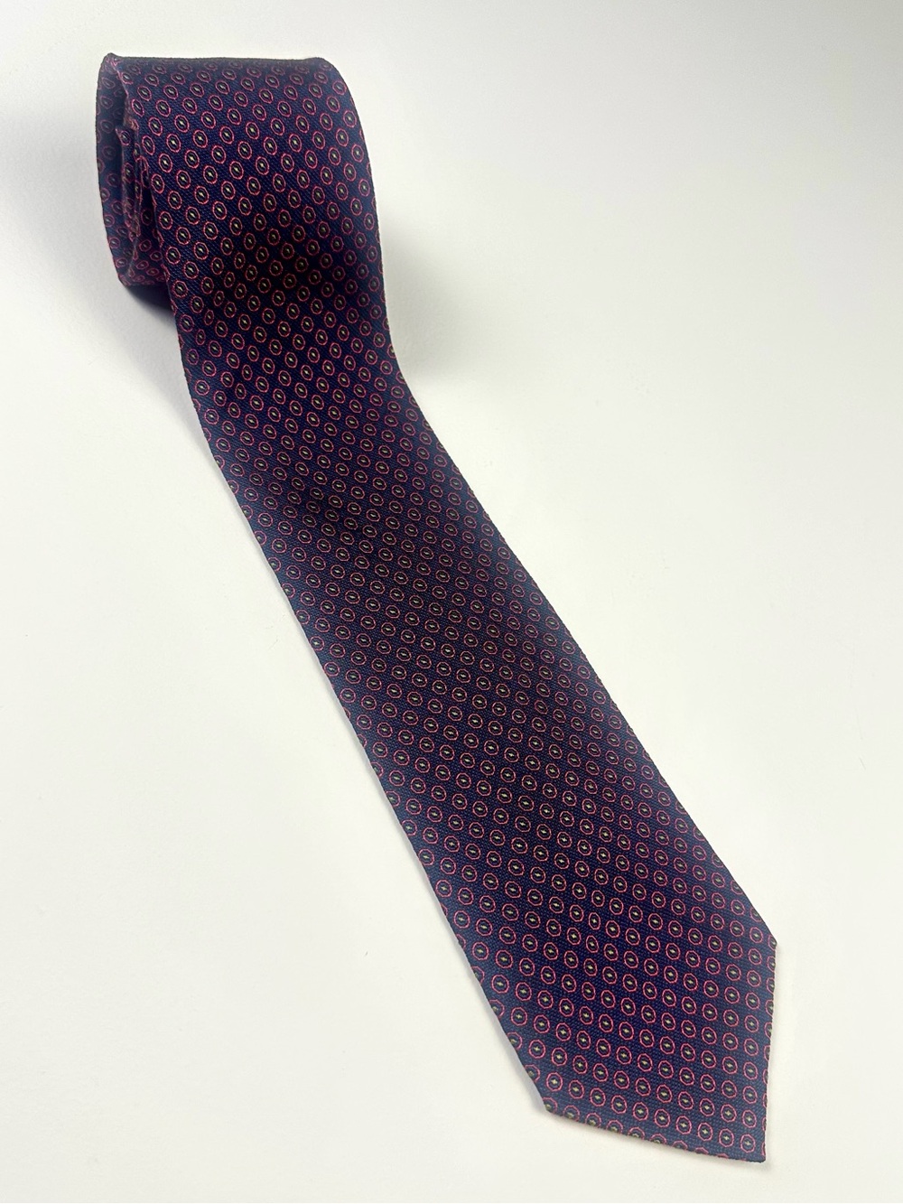 Lancel Paris Handmade Silk Tie Made in Italy Navy Red Geometric Designer